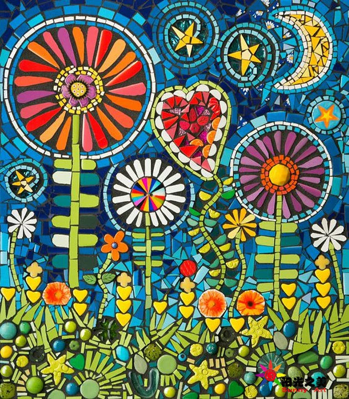 Colourful mosaic collage of flowers, a heart, stars and a crescent moon